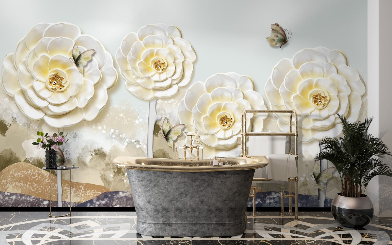 Фотошпалери метелики літають біля величезних кремових бутонів