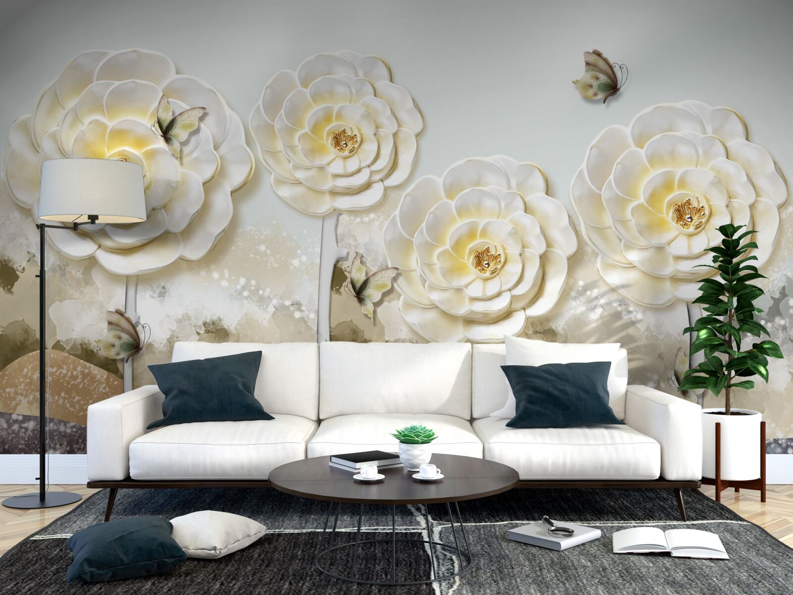 Фотошпалери метелики літають біля величезних кремових бутонів