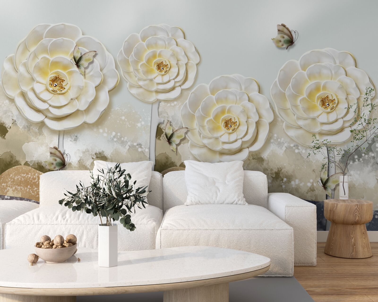 Фотошпалери метелики літають біля величезних кремових бутонів