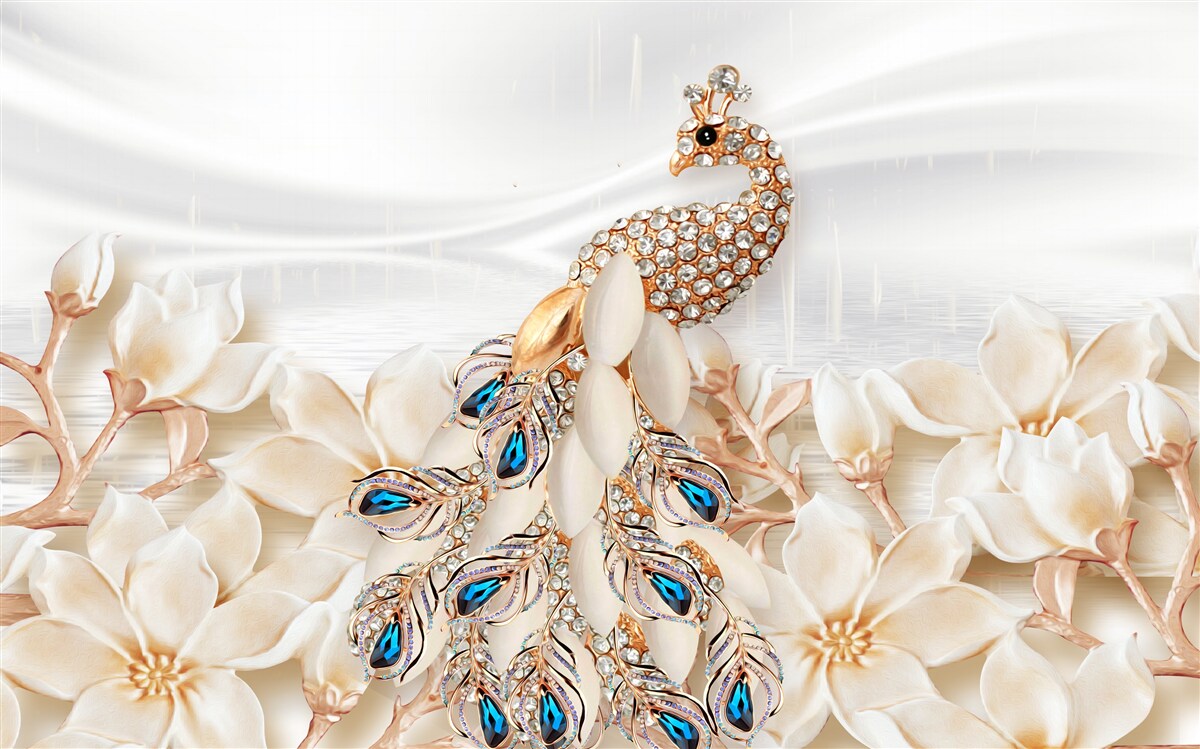 Фотошпалери золотий павич на тлі білих квітів