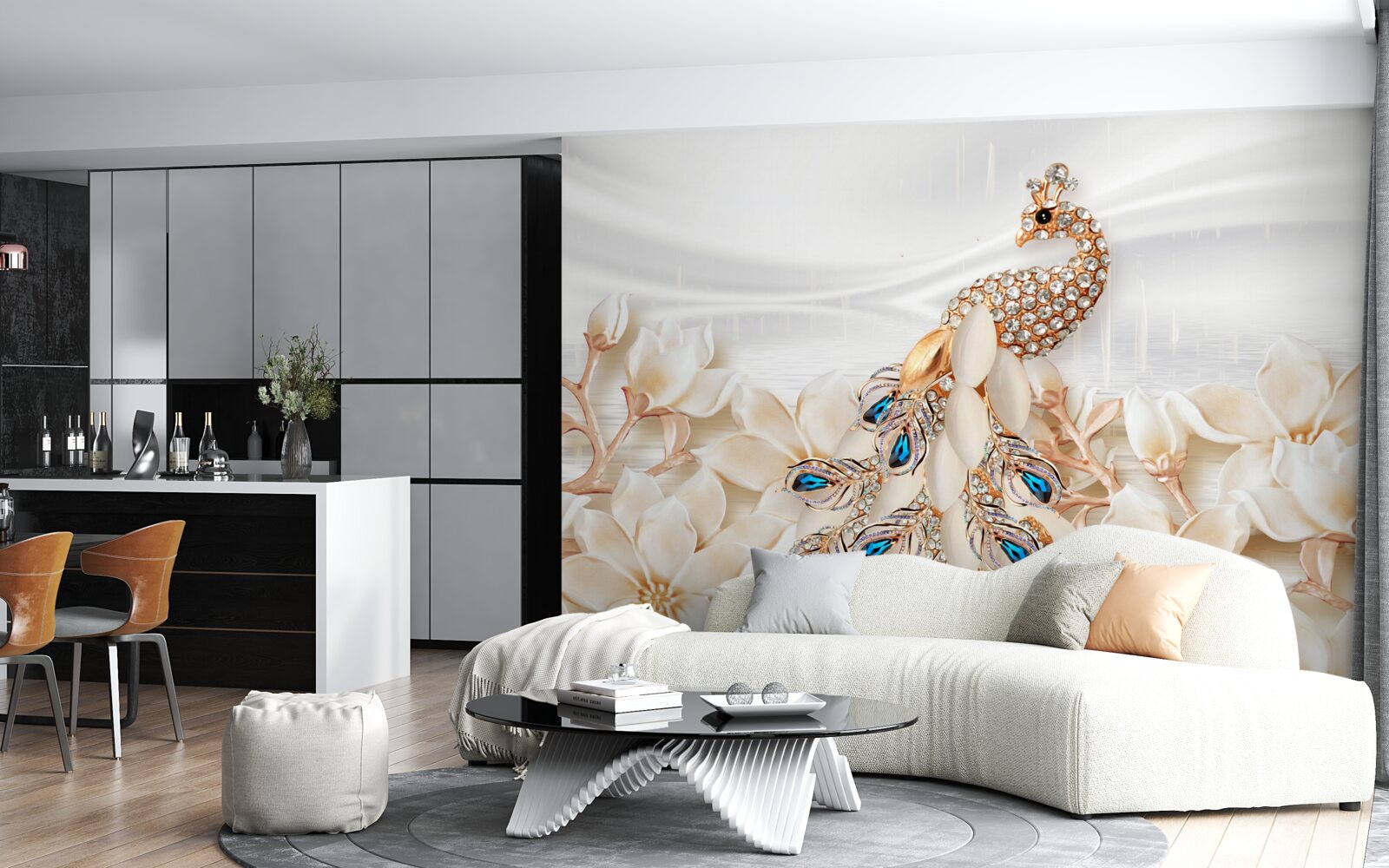 Фотошпалери золотий павич на тлі білих квітів