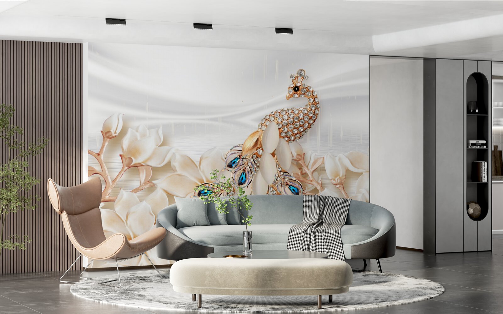 Фотошпалери золотий павич на тлі білих квітів