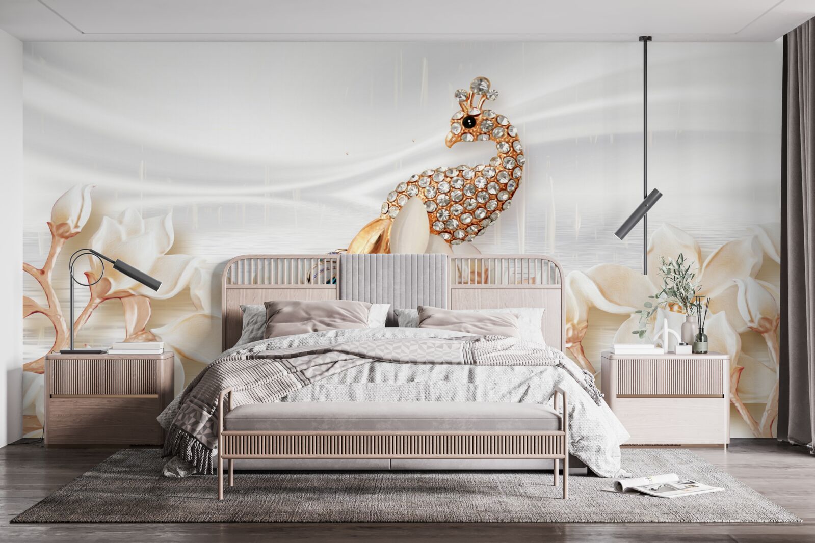 Фотошпалери золотий павич на тлі білих квітів