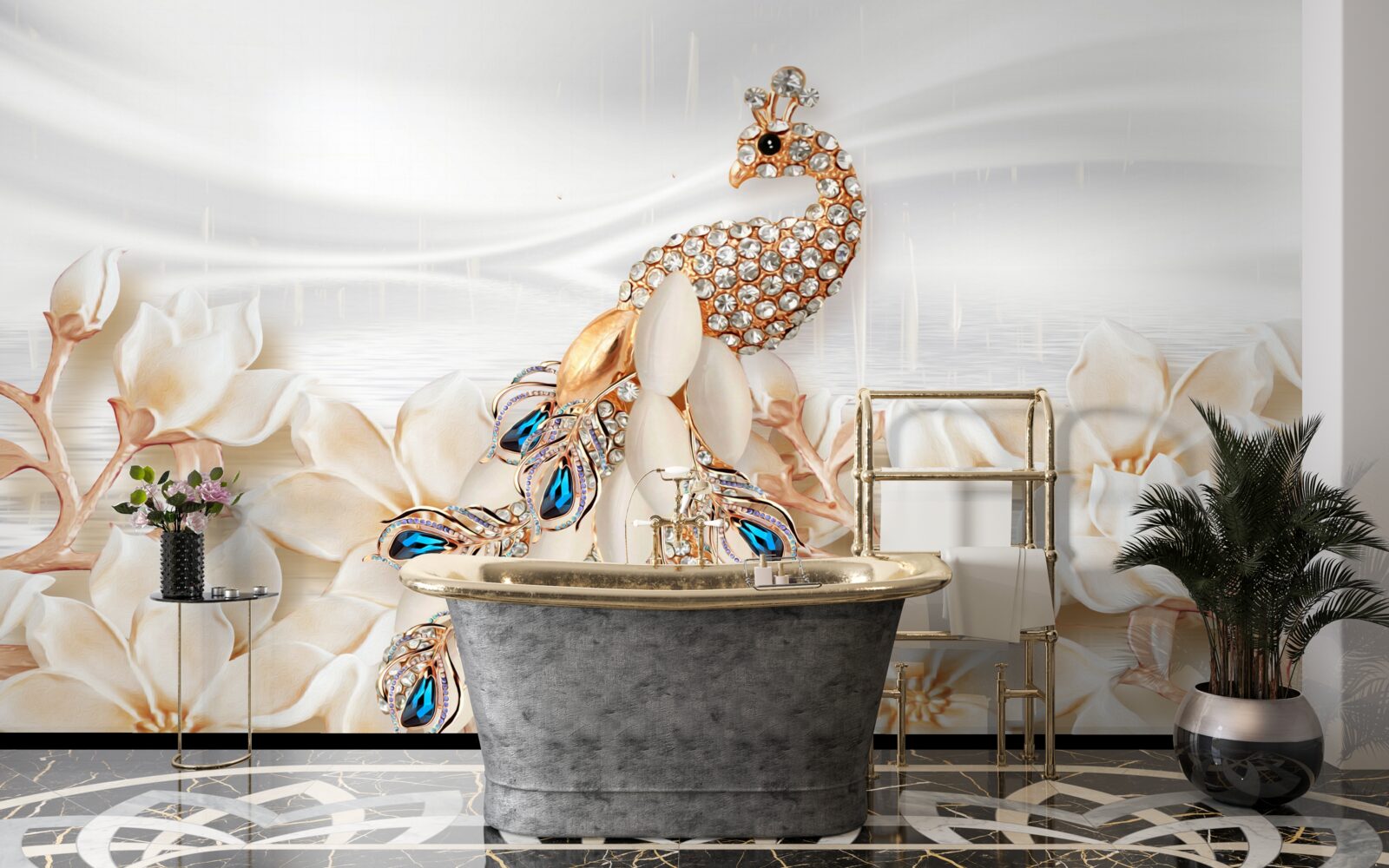 Фотошпалери золотий павич на тлі білих квітів