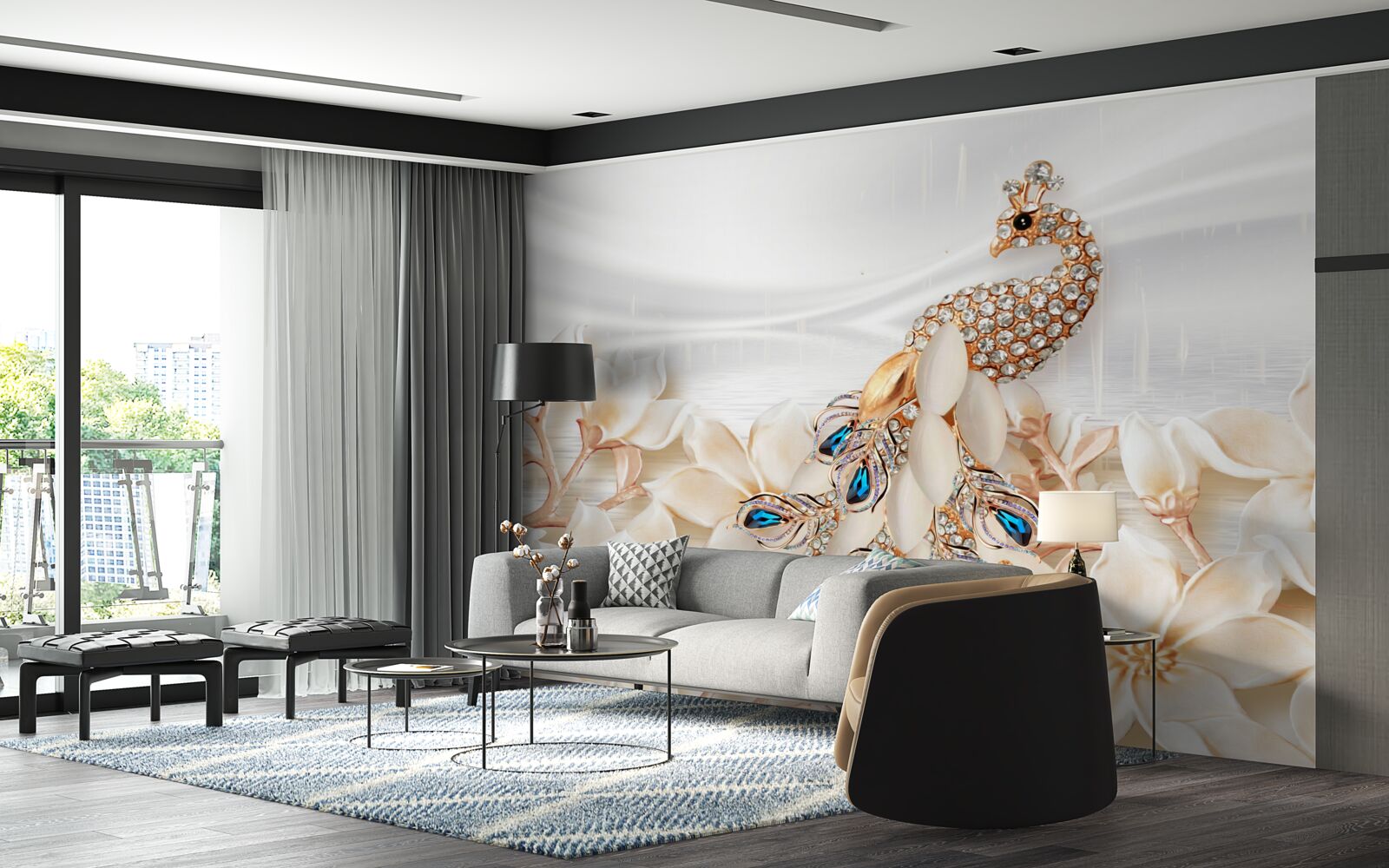 Фотошпалери золотий павич на тлі білих квітів