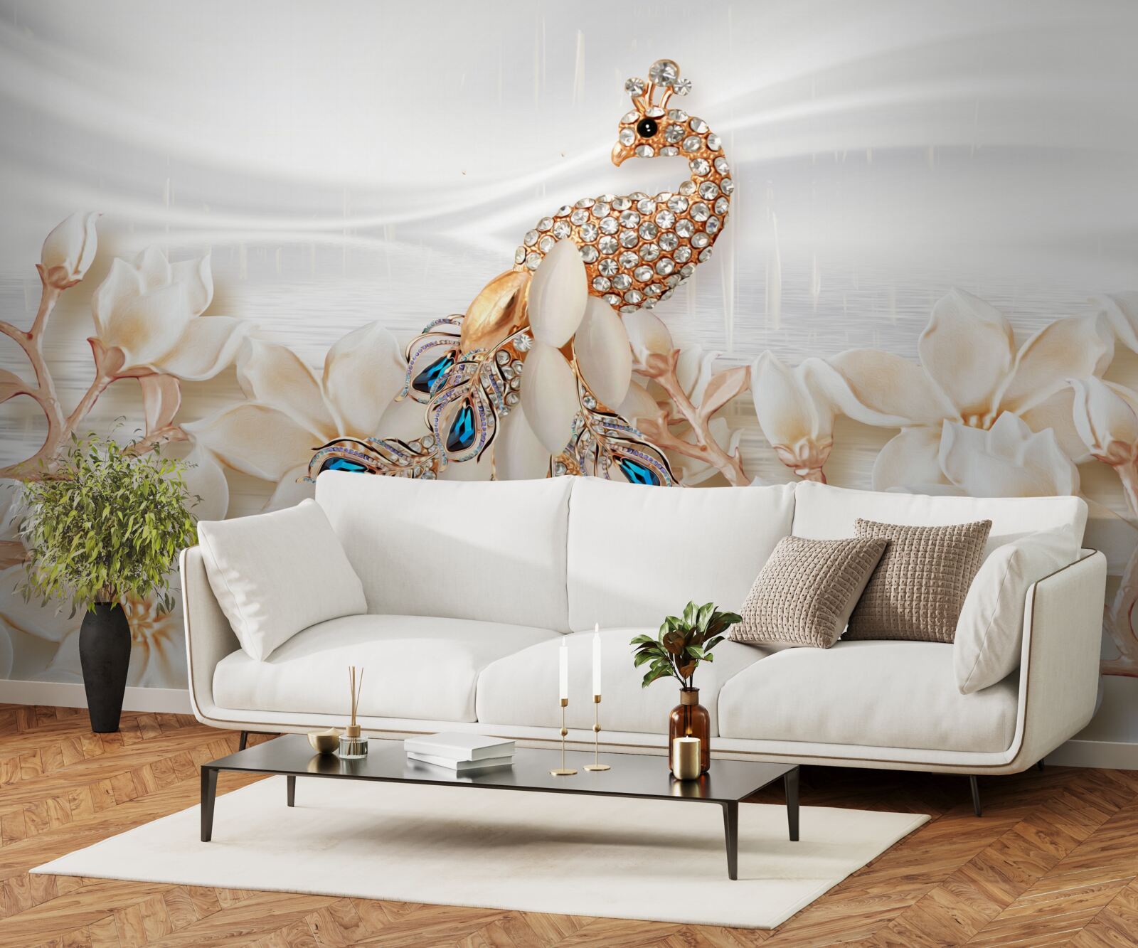 Фотошпалери золотий павич на тлі білих квітів