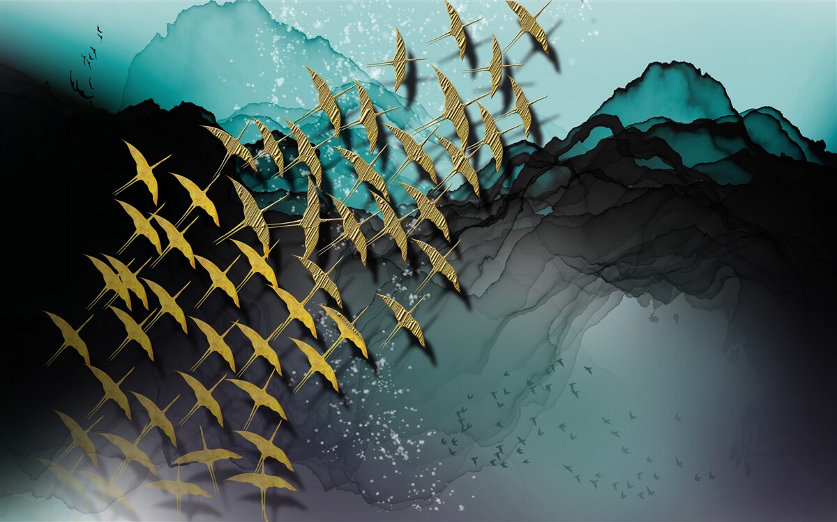 Фотошпалери група птахів, що летять у сутінках