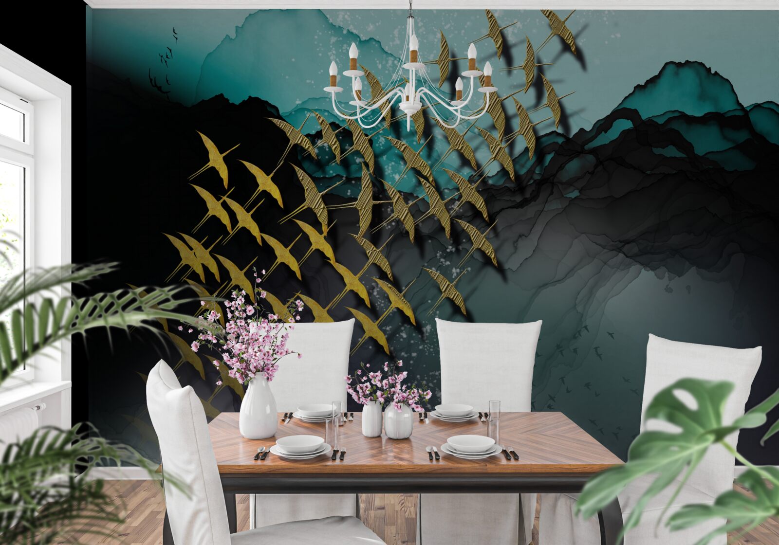 Фотошпалери група птахів, що летять у сутінках