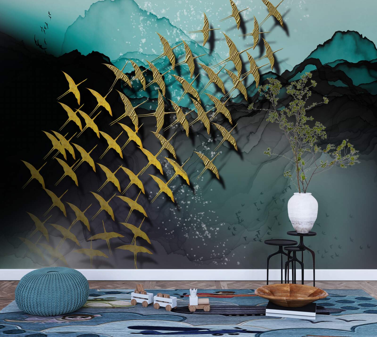 Фотошпалери група птахів, що летять у сутінках