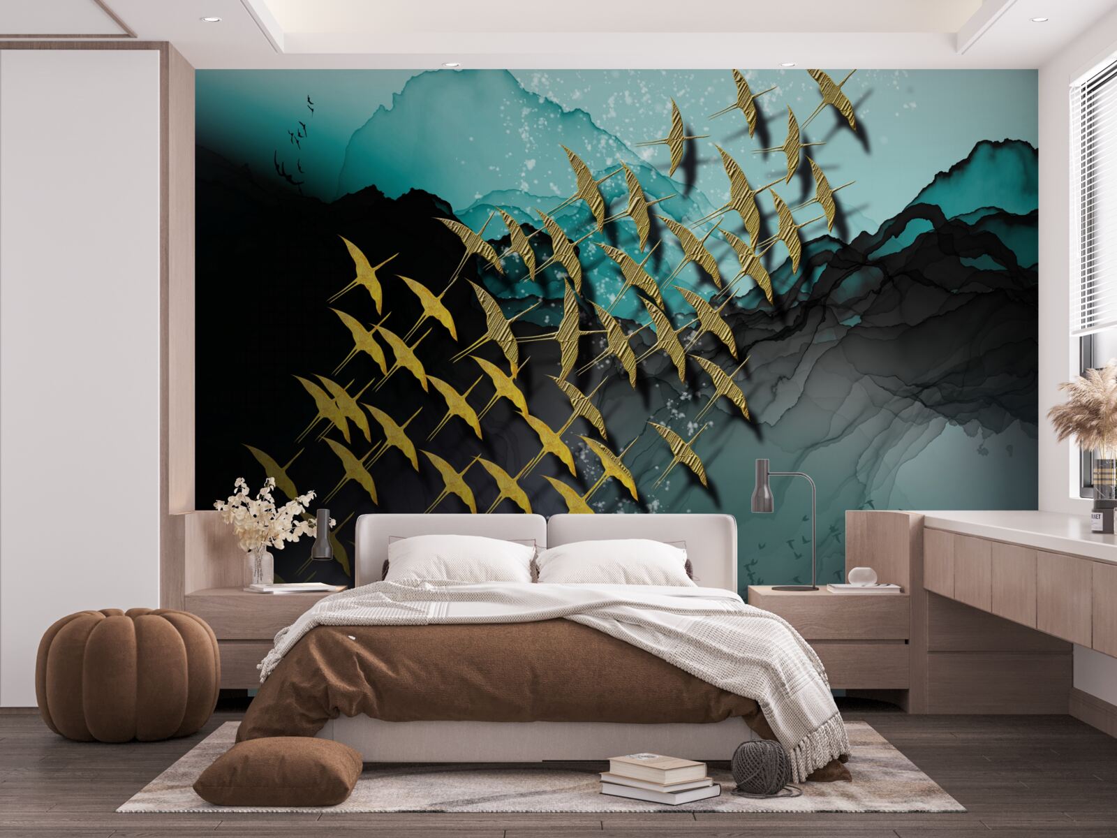 Фотошпалери група птахів, що летять у сутінках