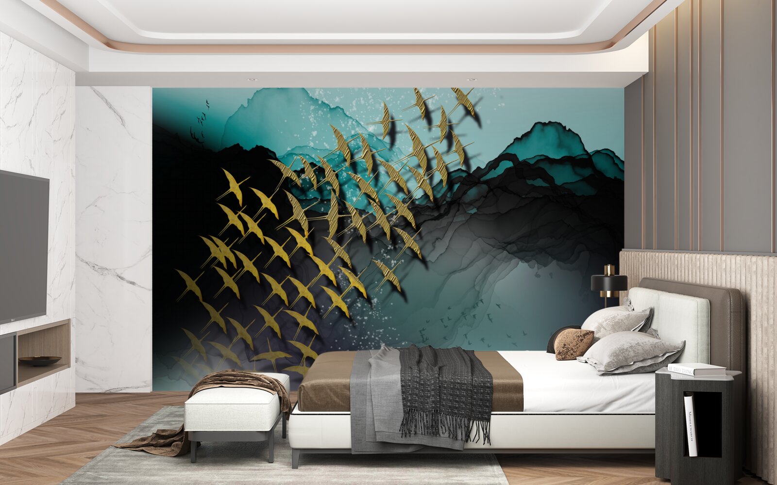 Фотошпалери група птахів, що летять у сутінках