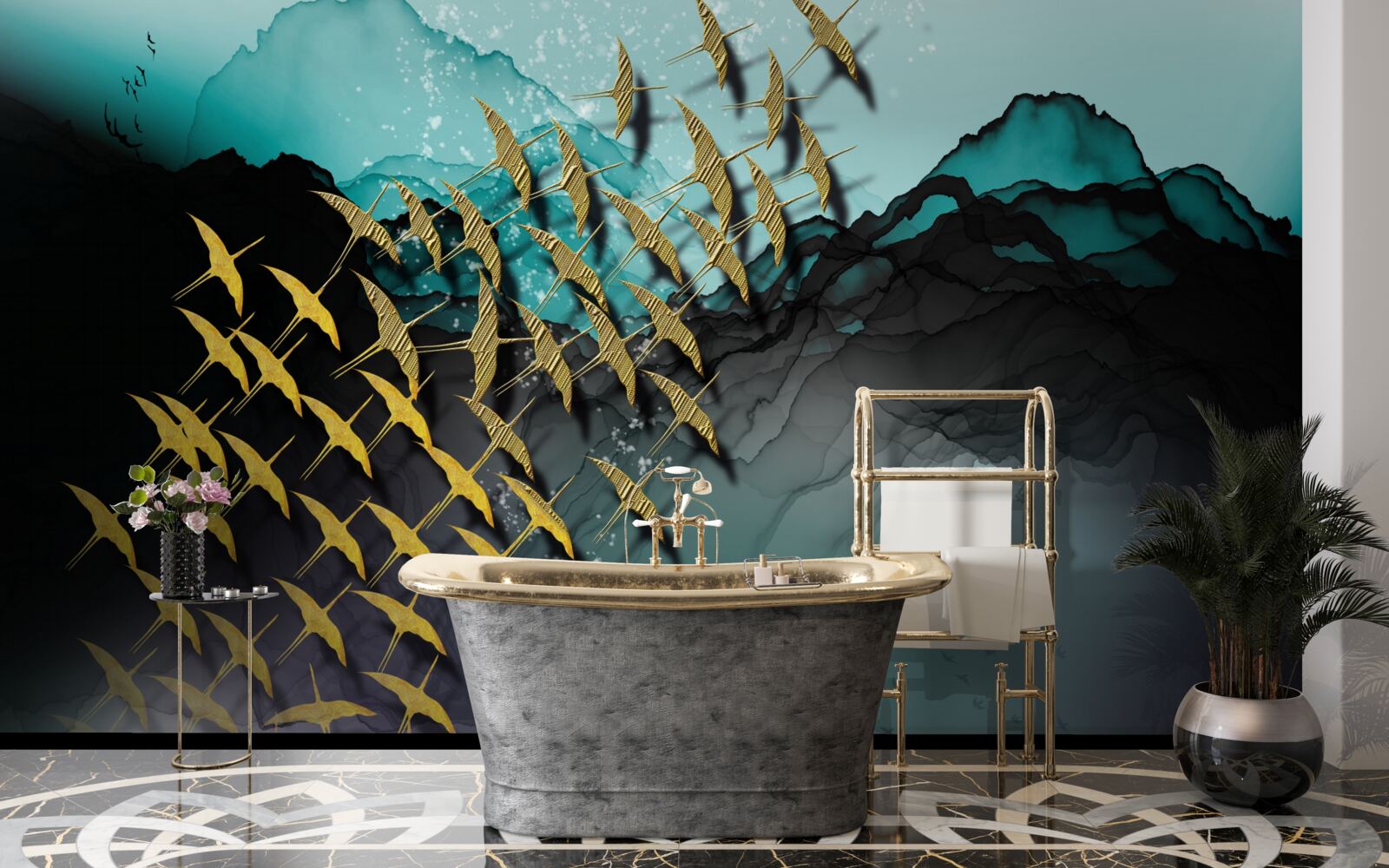 Фотошпалери група птахів, що летять у сутінках