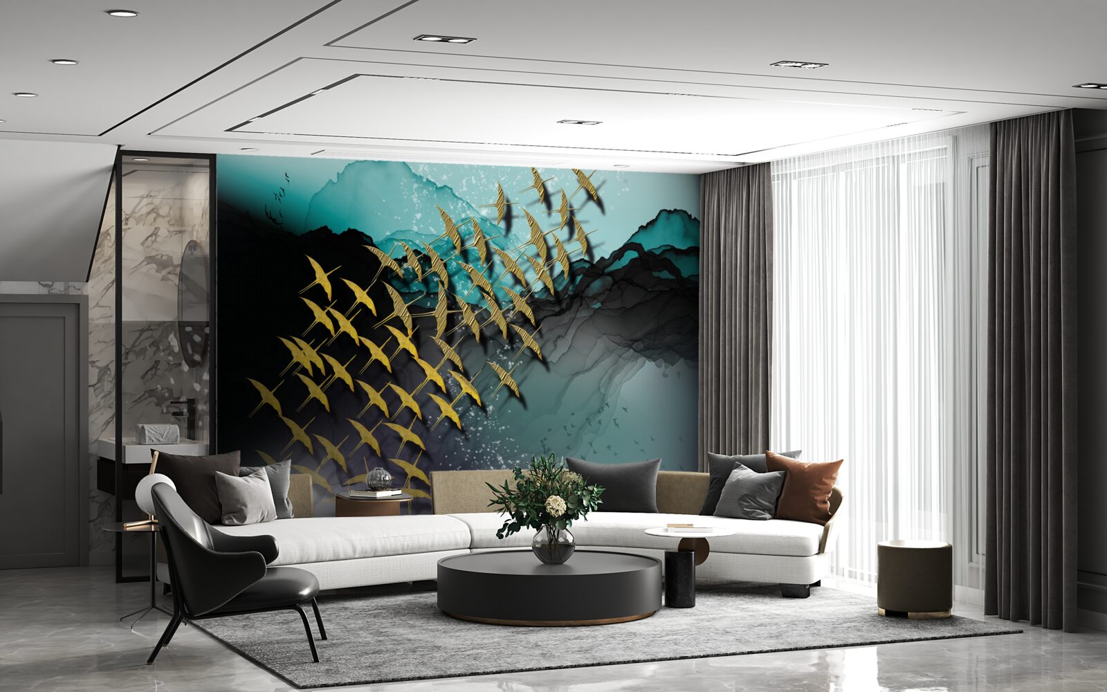 Фотошпалери група птахів, що летять у сутінках