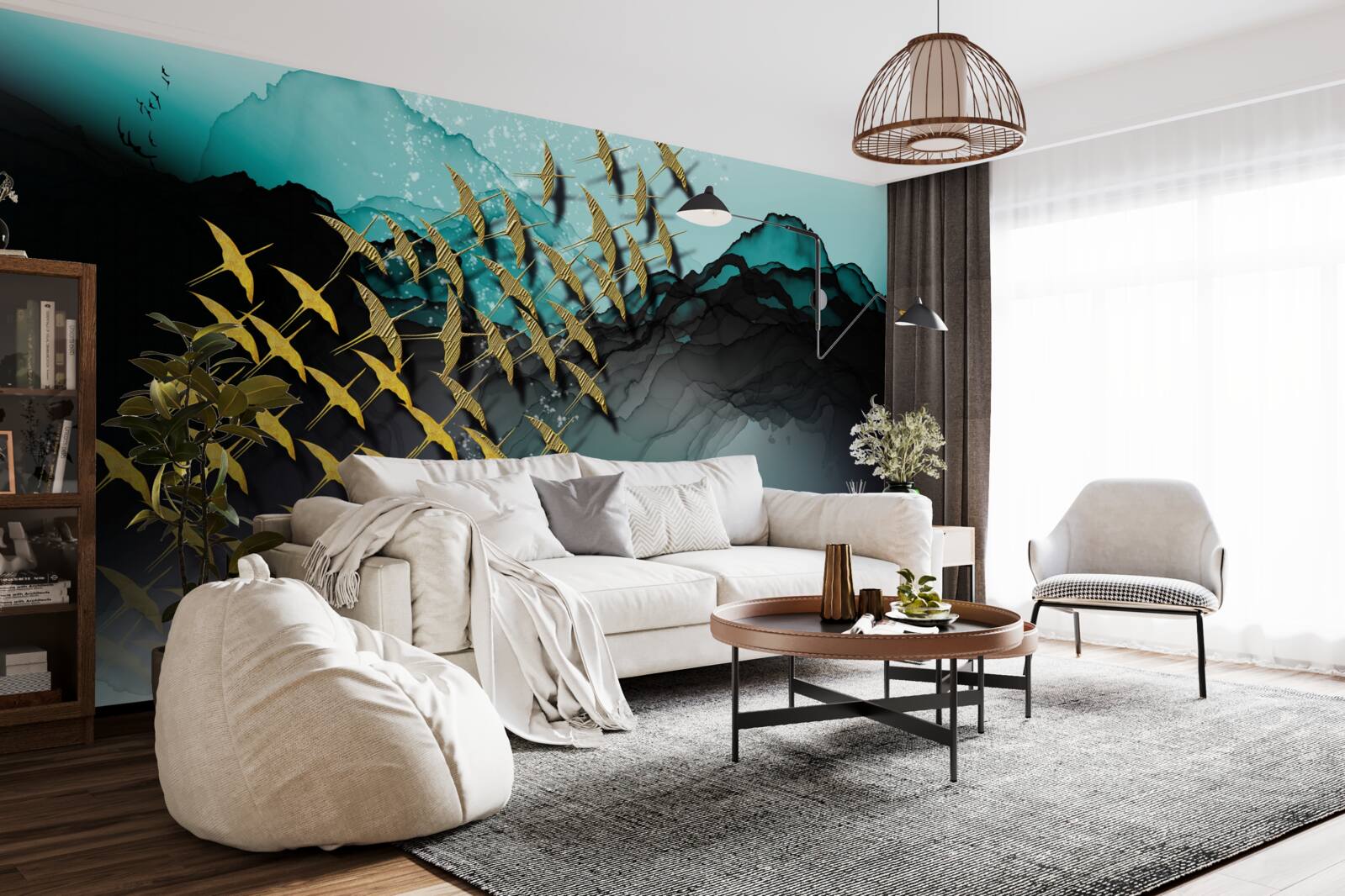 Фотошпалери група птахів, що летять у сутінках