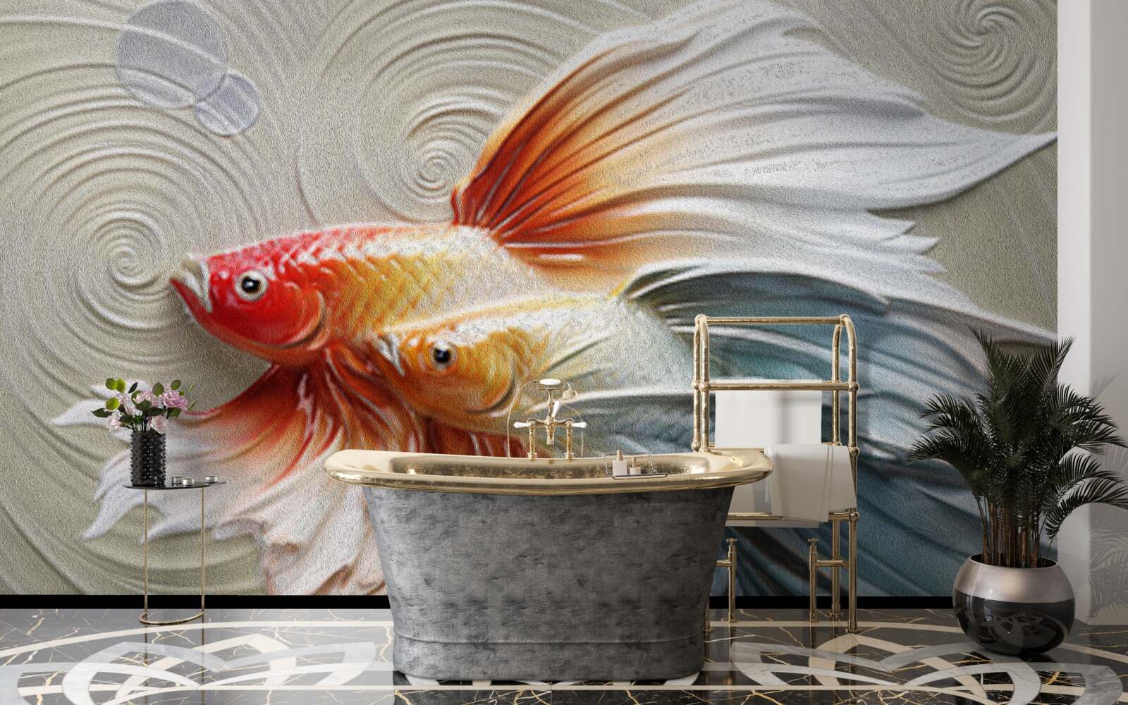 Фотошпалери дві різнокольорові рибки з плавниками