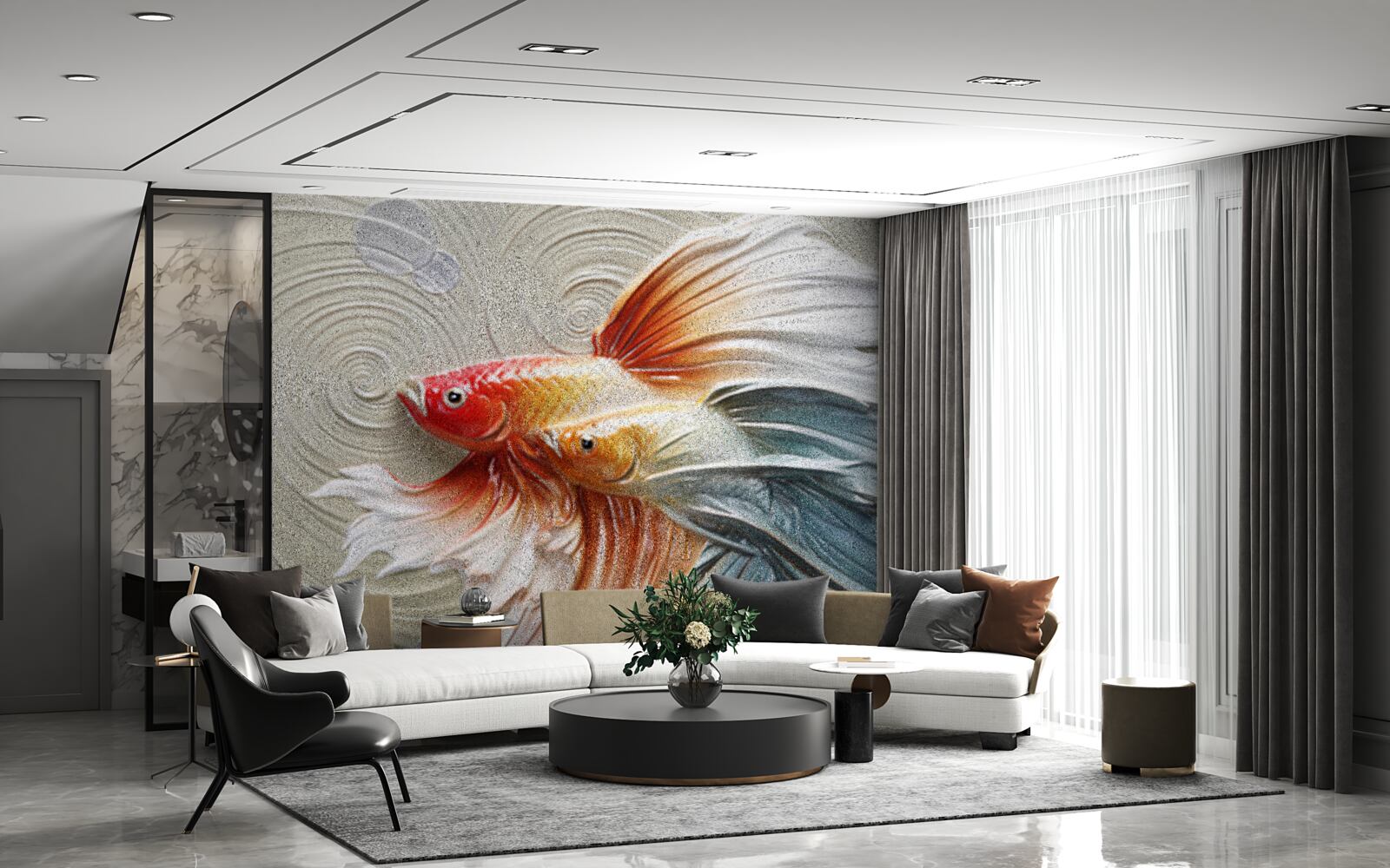 Фотошпалери дві різнокольорові рибки з плавниками