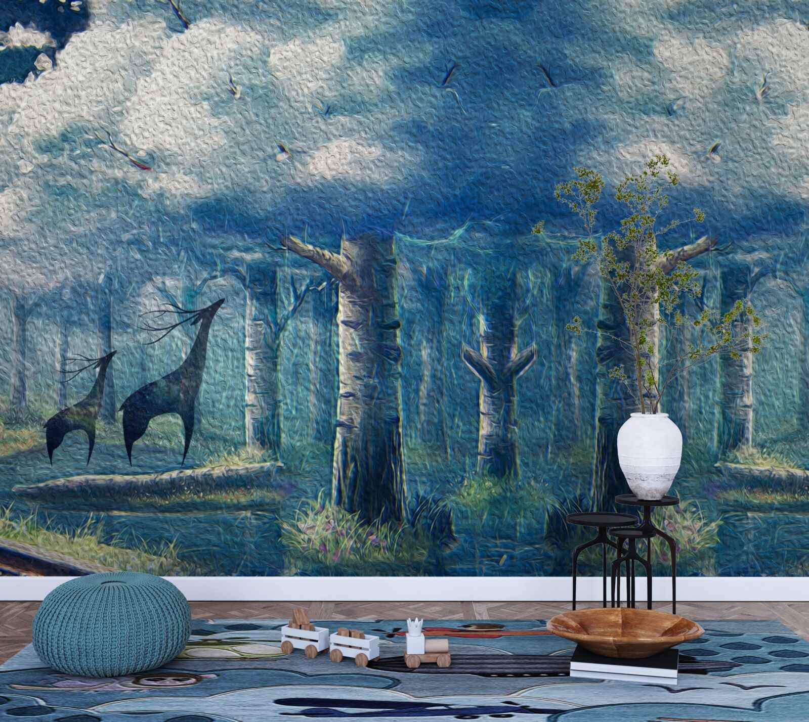 Фотошпалери олені йдуть холодним лісом