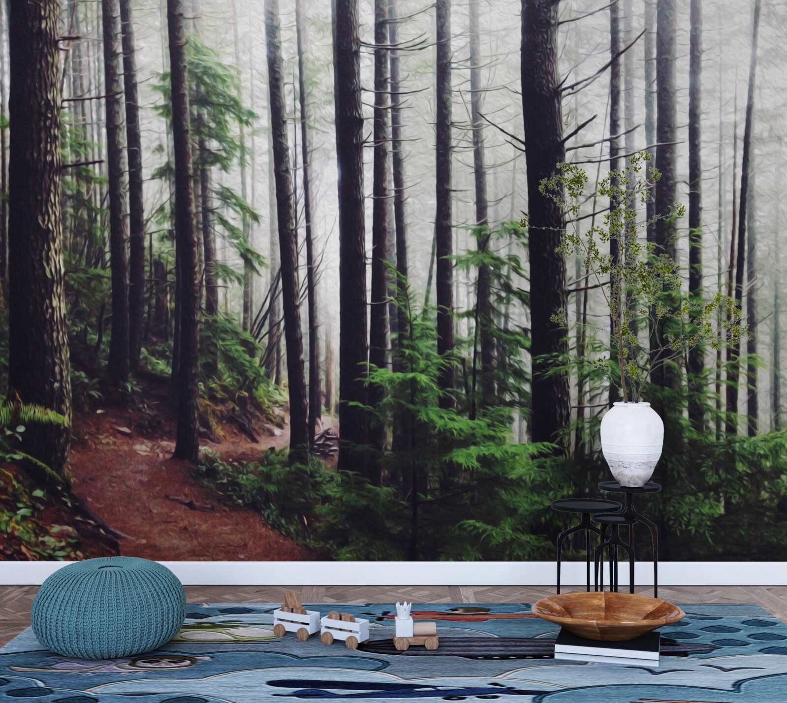 Фотошпалери туманний ліс сповнений високих і струнких дерев