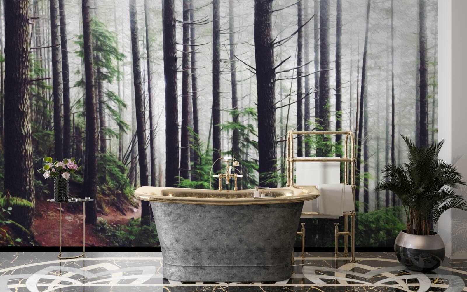 Фотошпалери туманний ліс сповнений високих і струнких дерев