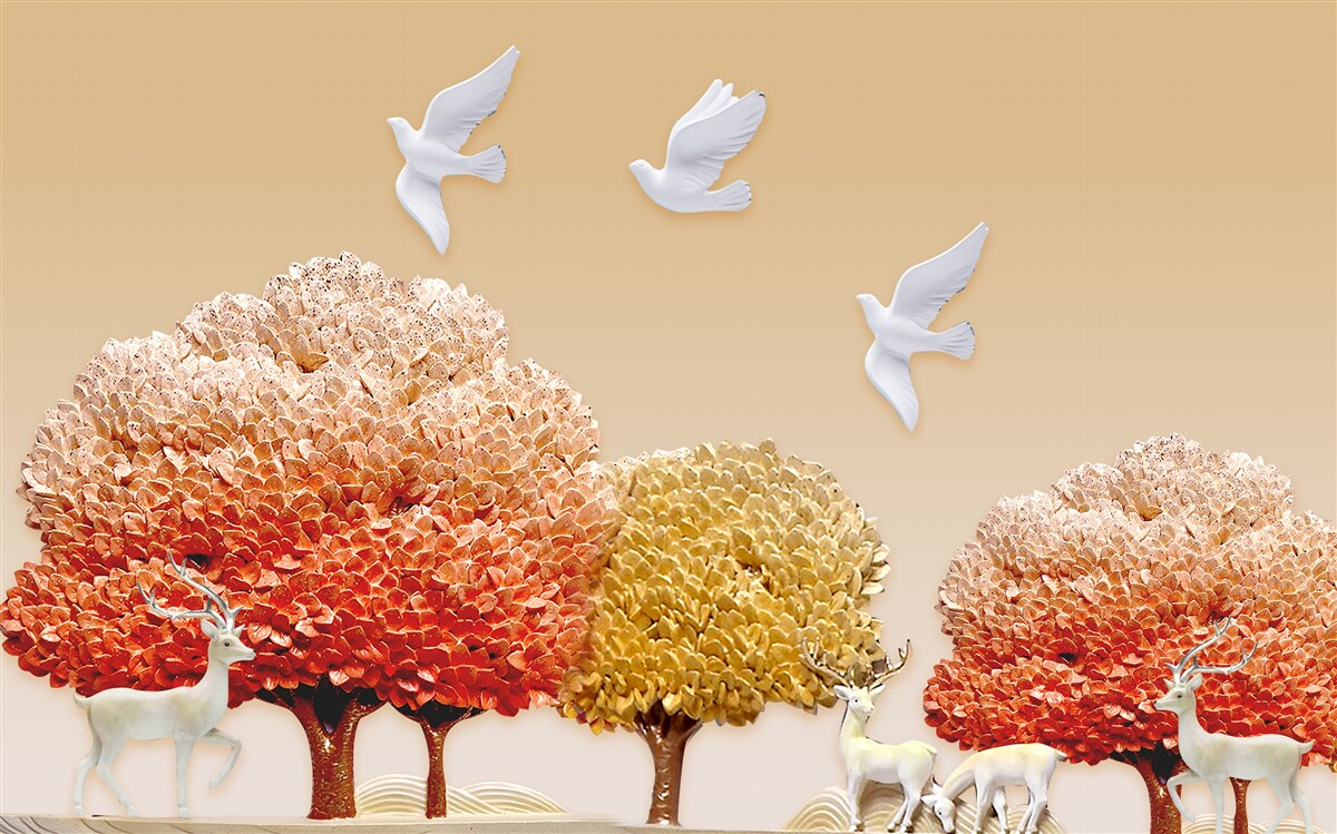 Фотошпалери прекрасний осінній ліс під крилами білих голубів