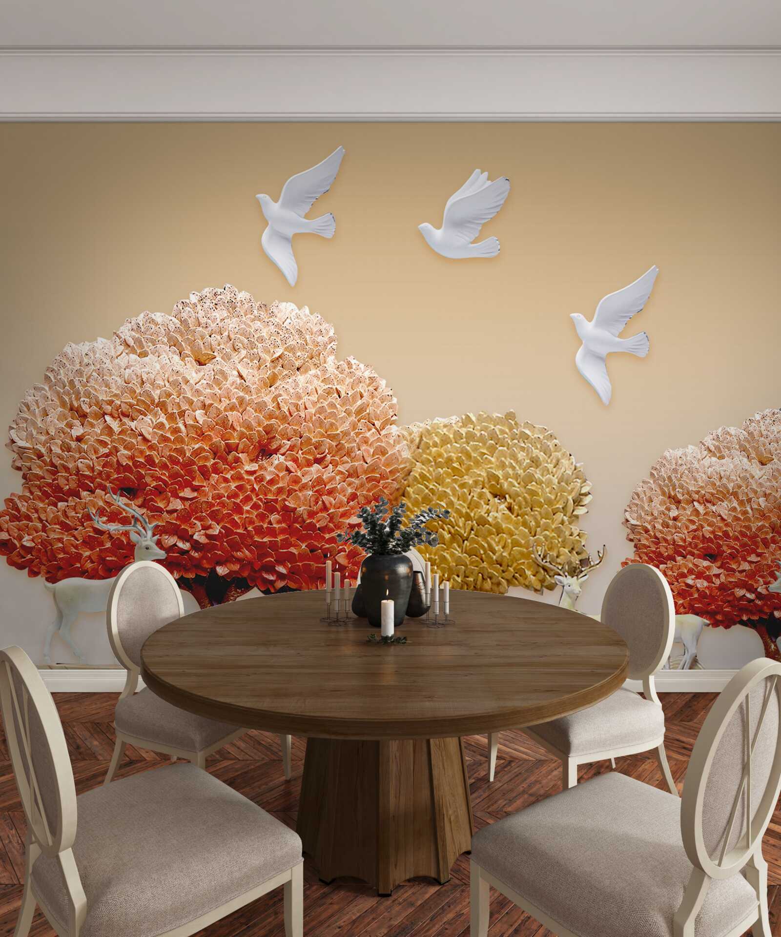 Фотошпалери прекрасний осінній ліс під крилами білих голубів