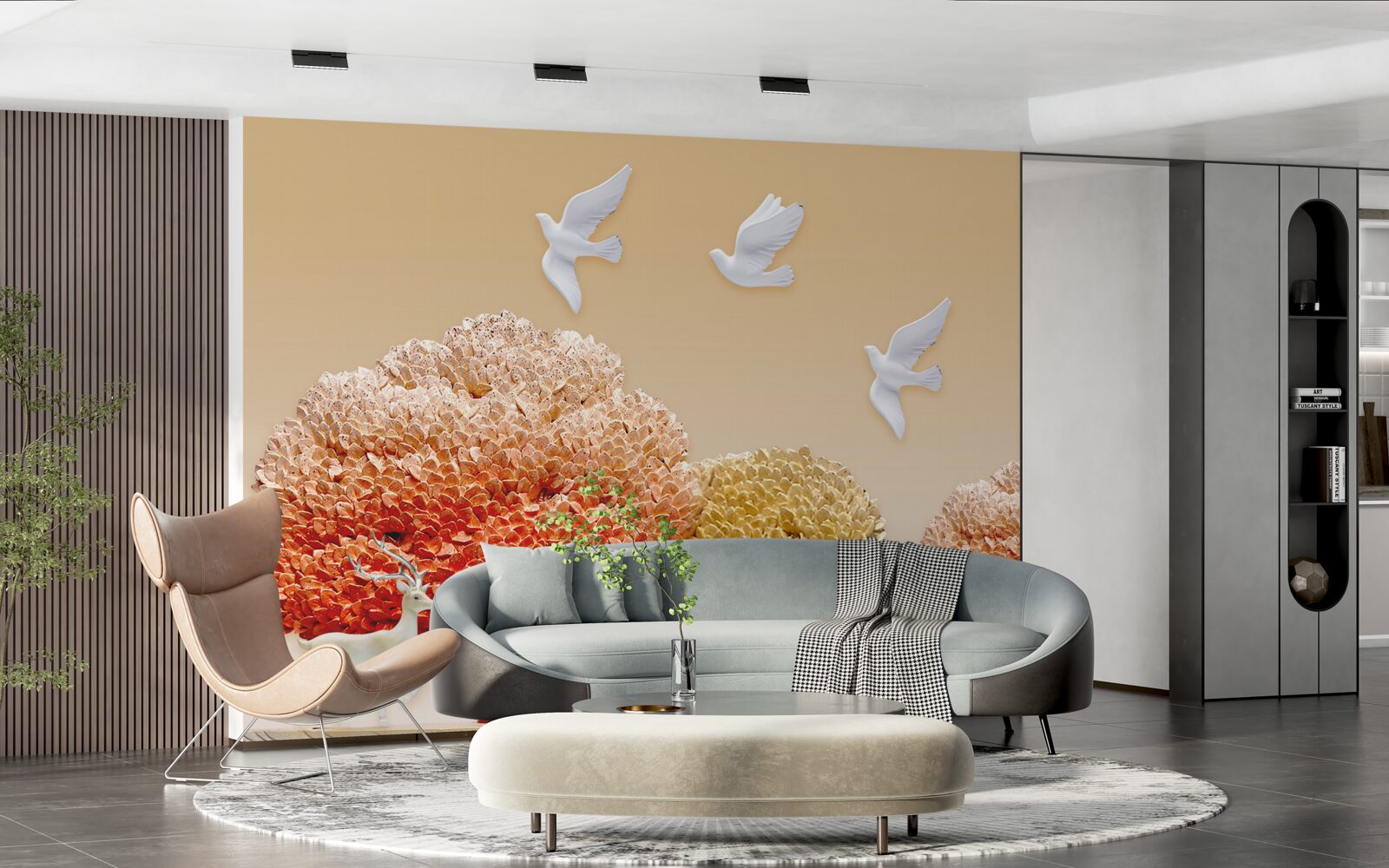 Фотошпалери прекрасний осінній ліс під крилами білих голубів