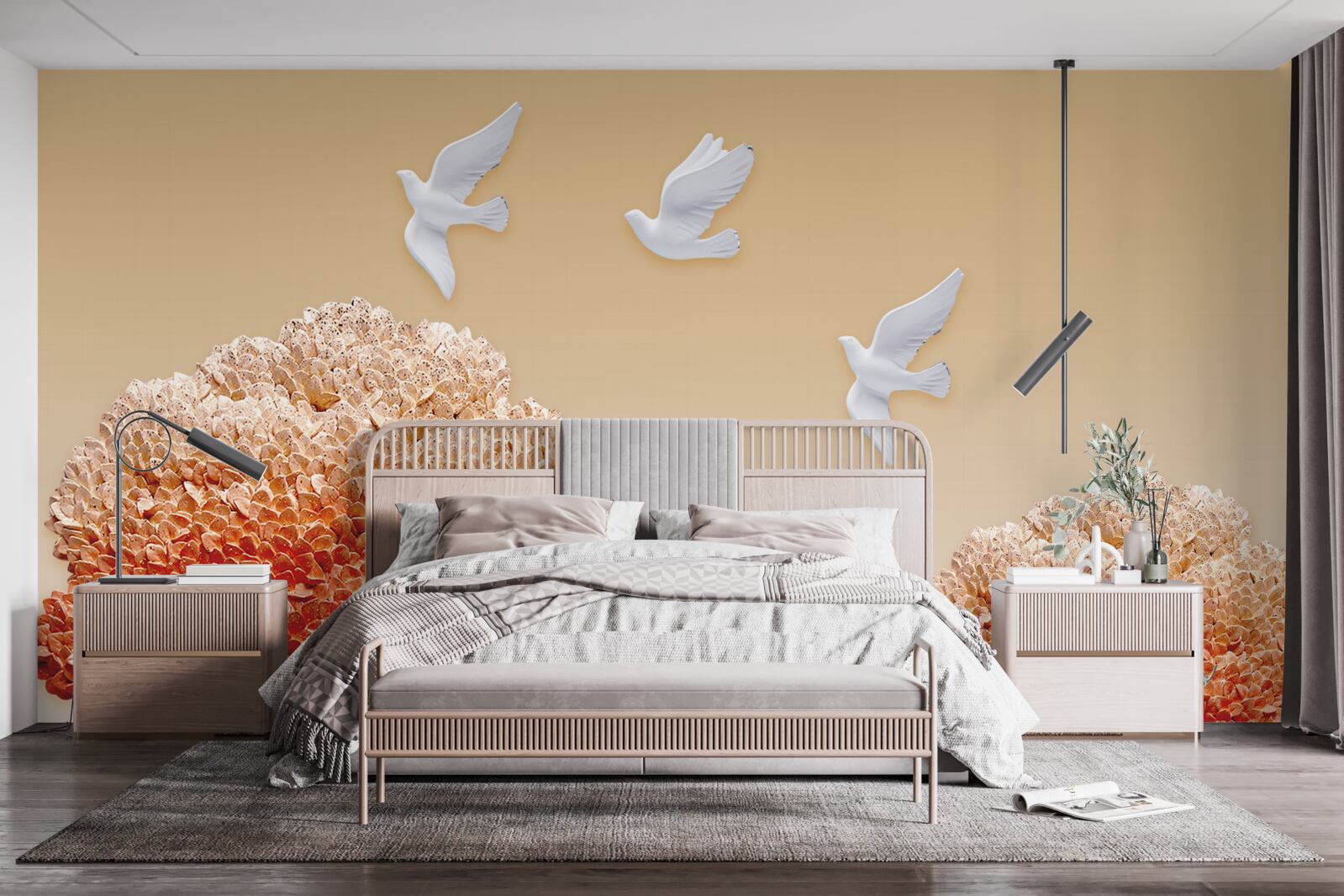 Фотошпалери прекрасний осінній ліс під крилами білих голубів