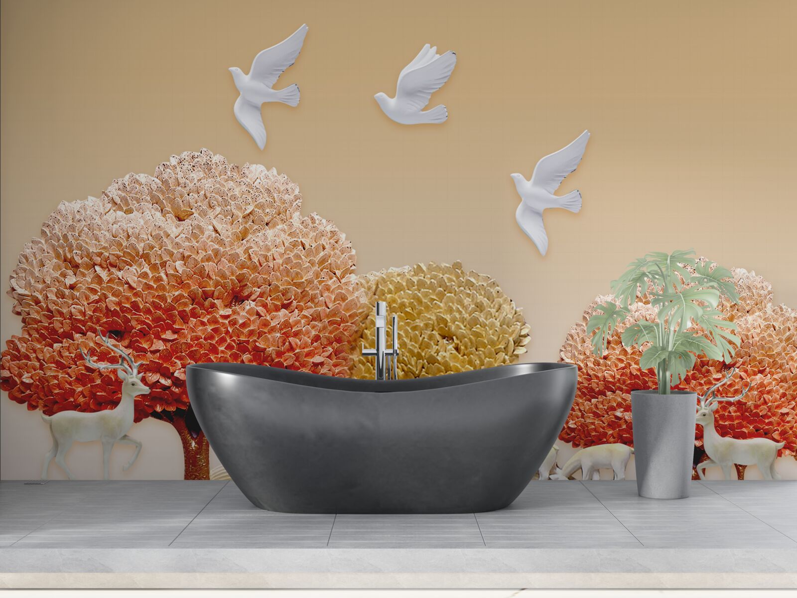 Фотошпалери прекрасний осінній ліс під крилами білих голубів