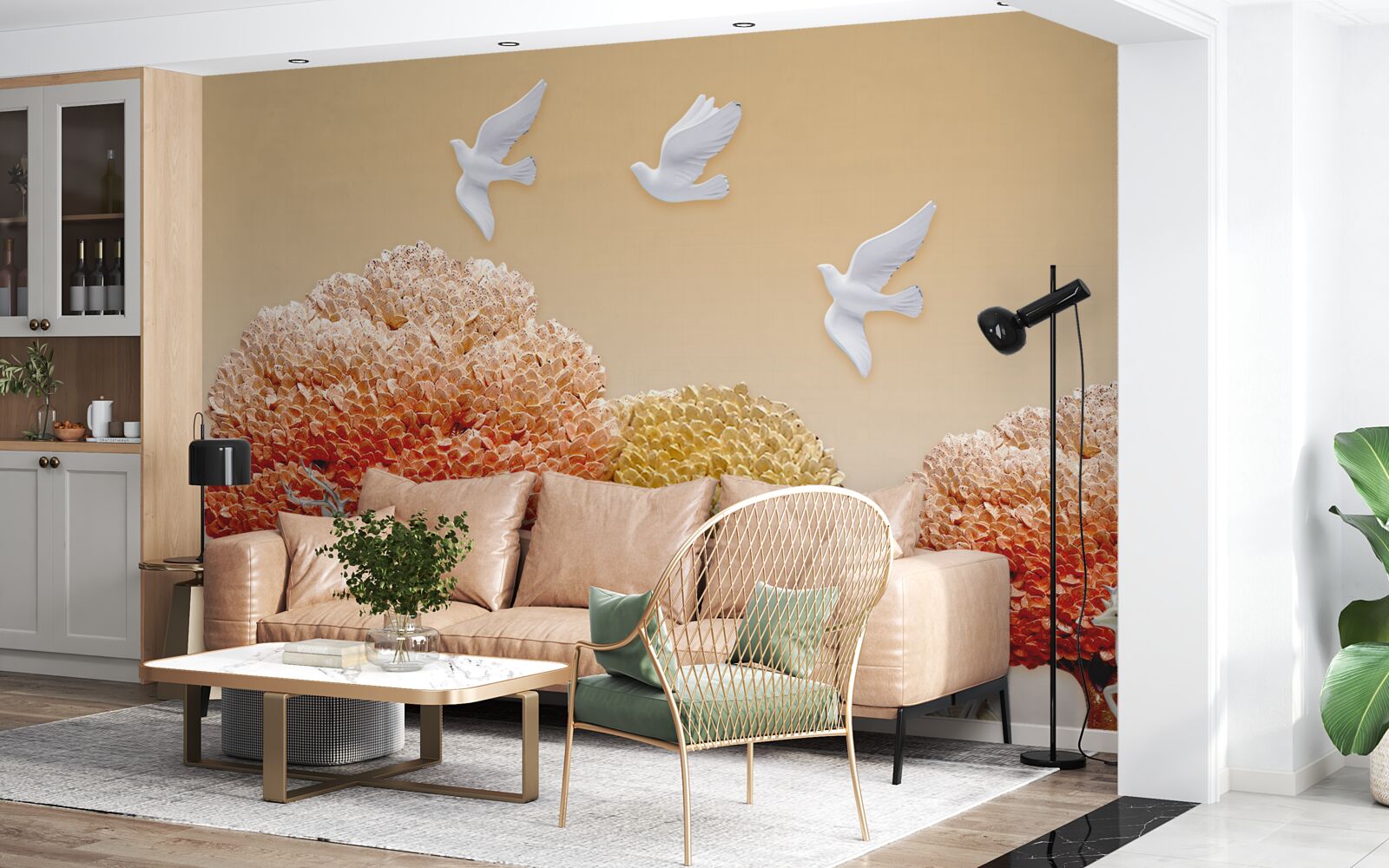 Фотошпалери прекрасний осінній ліс під крилами білих голубів