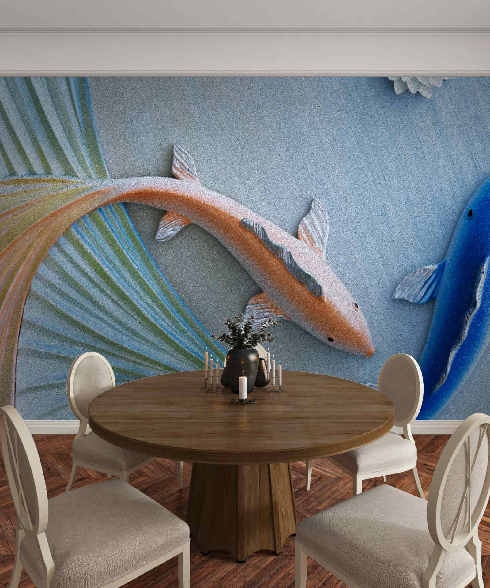 Фотошпалери у воді плавають золоті та блакитні рибки