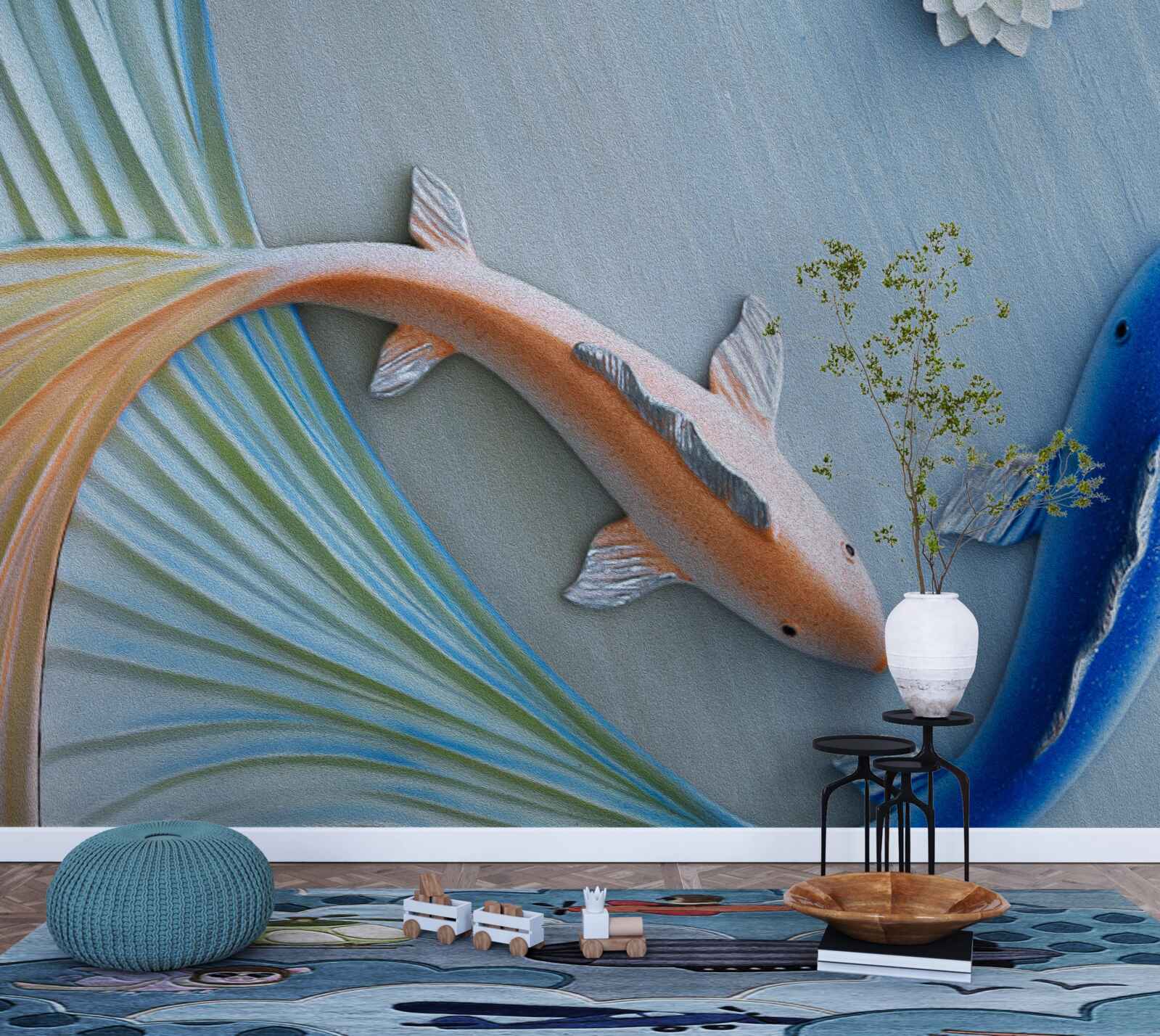 Фотошпалери у воді плавають золоті та блакитні рибки