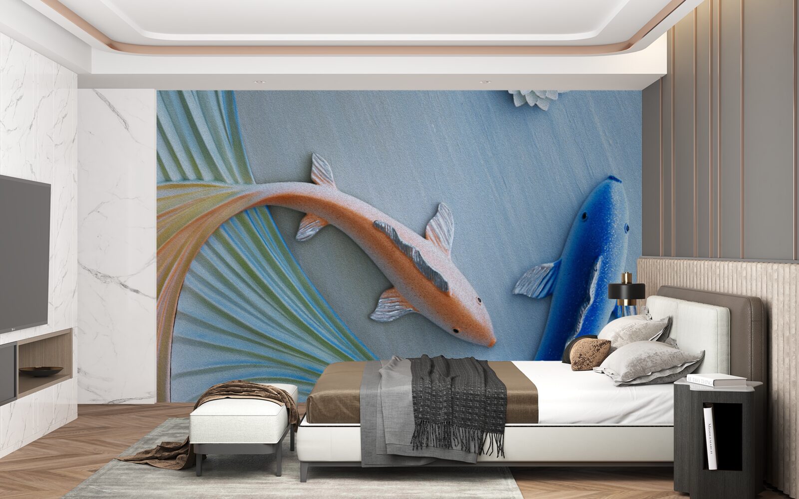 Фотошпалери у воді плавають золоті та блакитні рибки