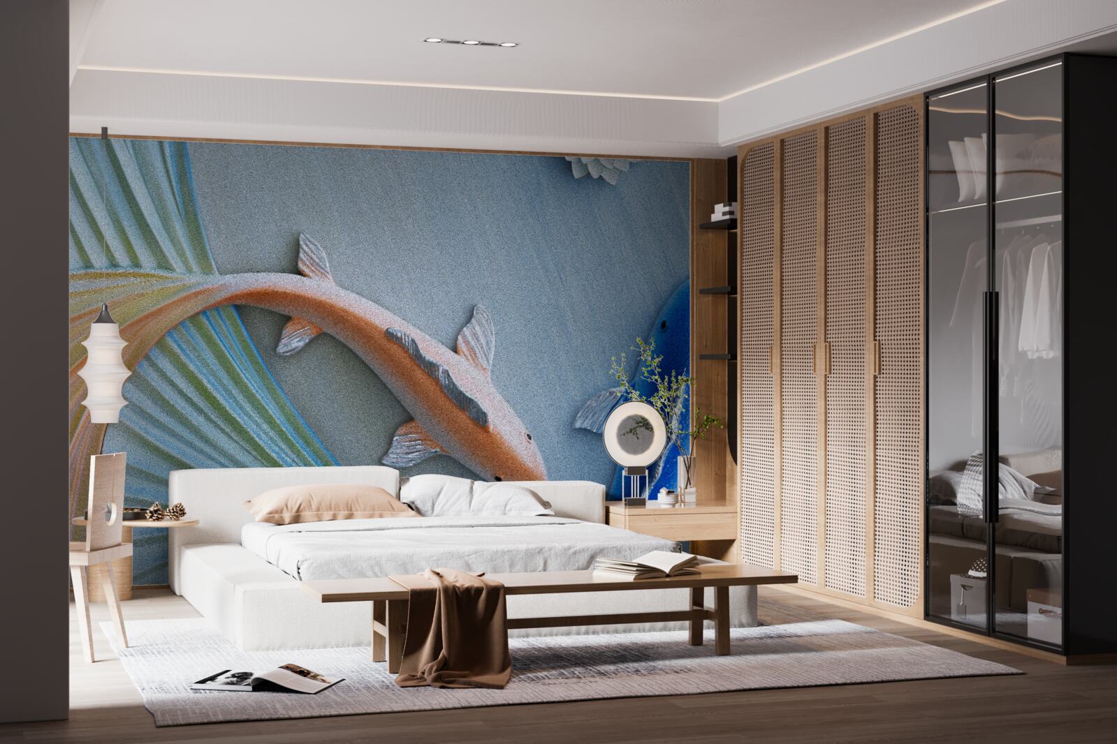 Фотошпалери у воді плавають золоті та блакитні рибки