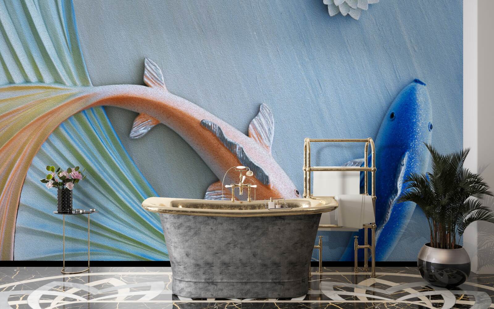 Фотошпалери у воді плавають золоті та блакитні рибки