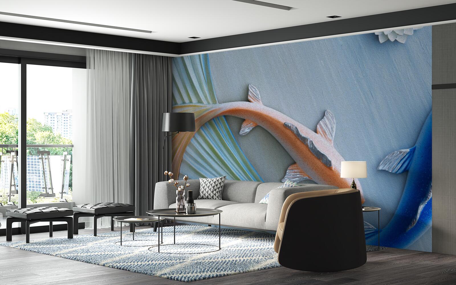 Фотошпалери у воді плавають золоті та блакитні рибки