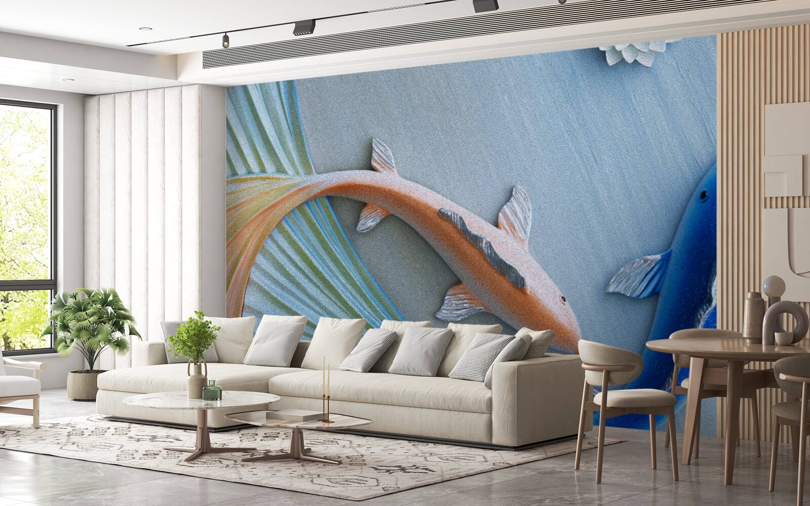 Фотошпалери у воді плавають золоті та блакитні рибки