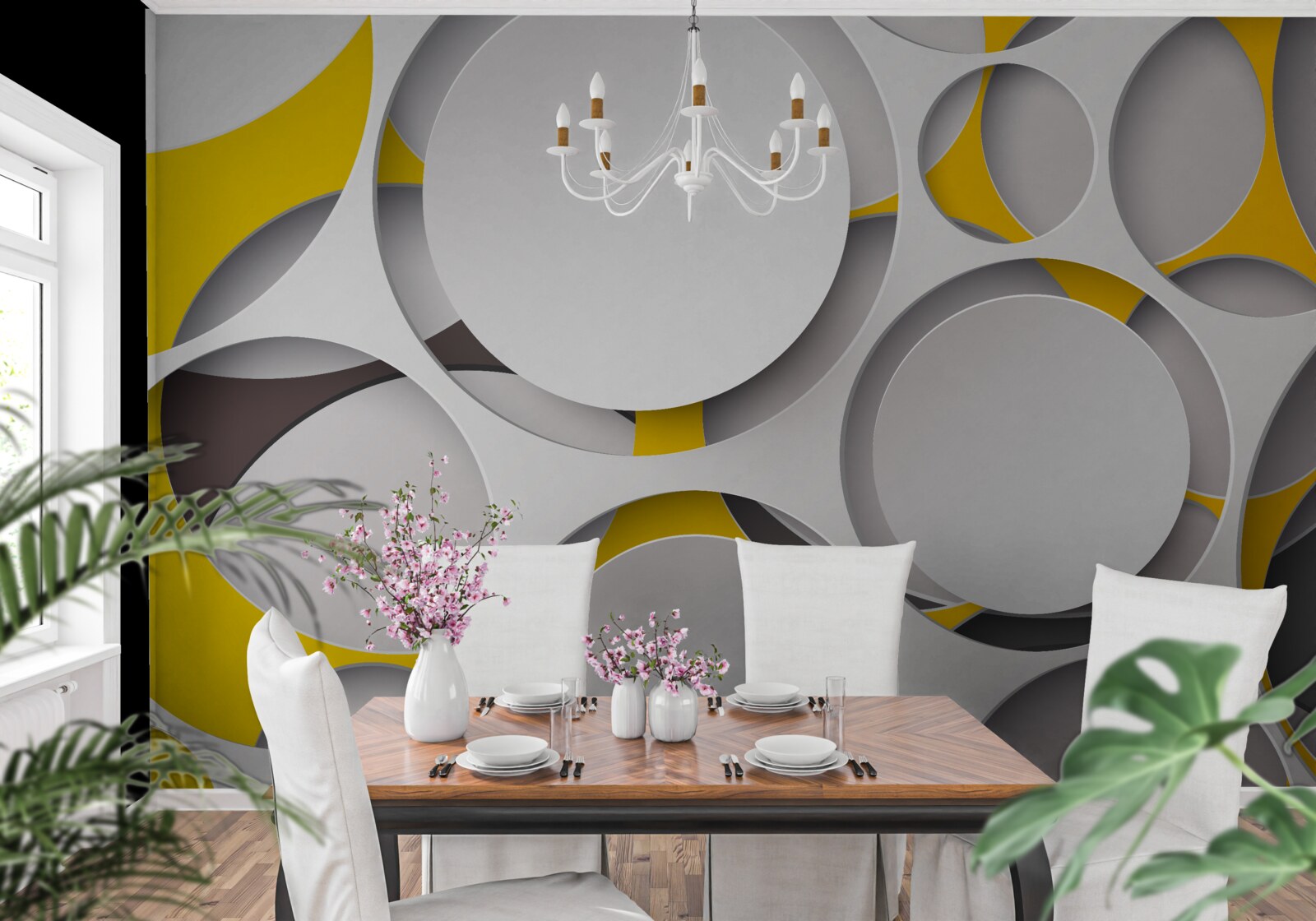 Фотошпалери білі кругові елементи, вирізані в жовтій сітці