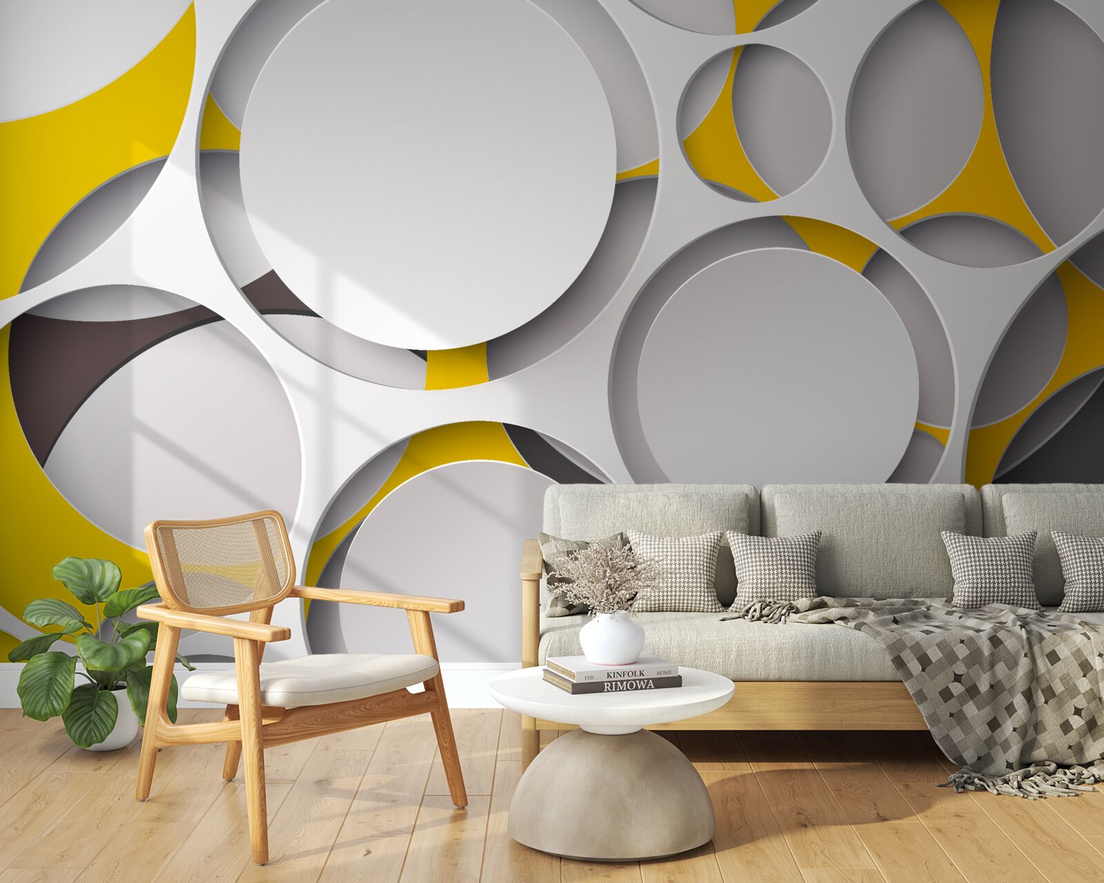 Фотошпалери білі кругові елементи, вирізані в жовтій сітці