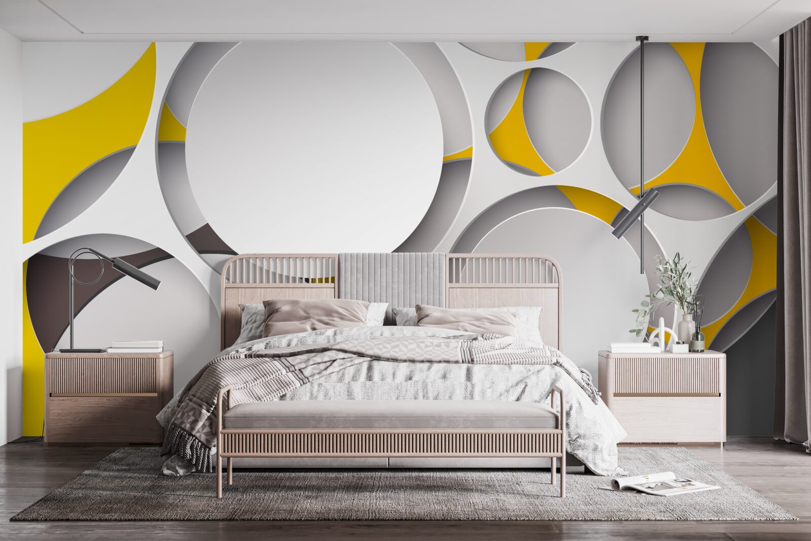 Фотошпалери білі кругові елементи, вирізані в жовтій сітці