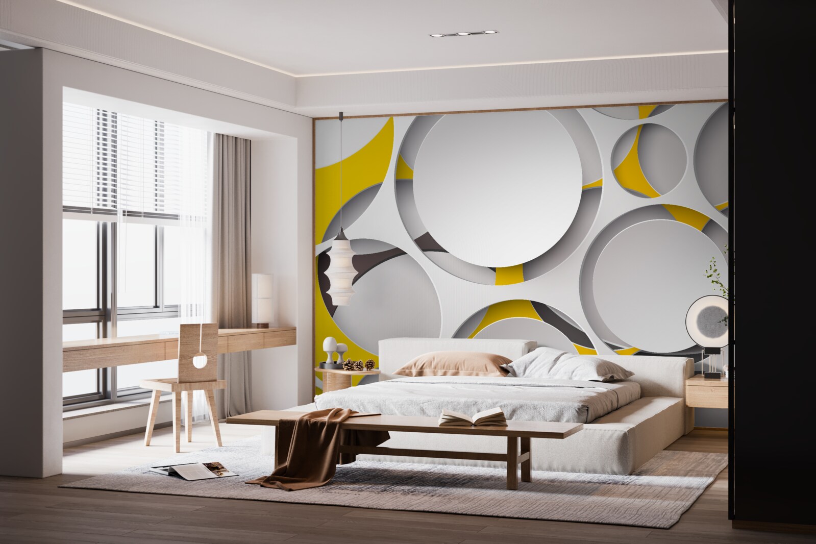 Фотошпалери білі кругові елементи, вирізані в жовтій сітці