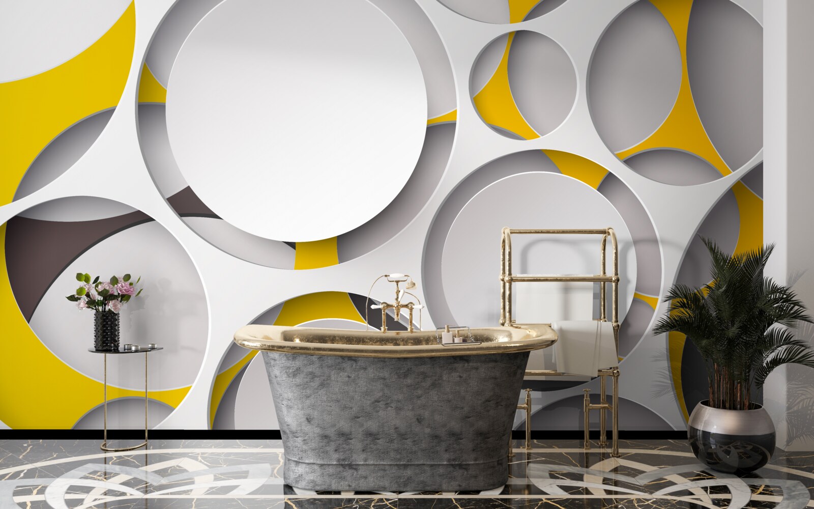 Фотошпалери білі кругові елементи, вирізані в жовтій сітці