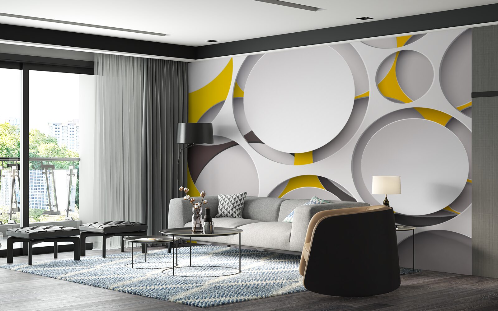 Фотошпалери білі кругові елементи, вирізані в жовтій сітці