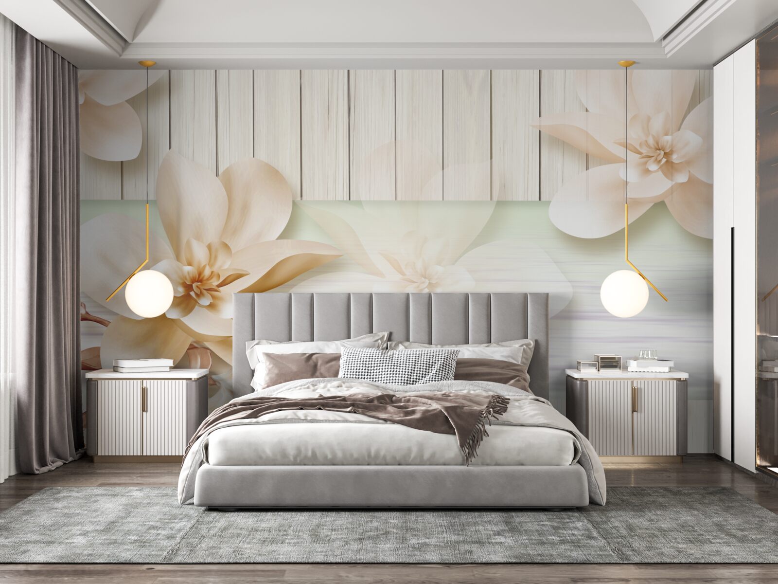 Фотошпалери яскраві персики-пончики на білосніжному танцполі