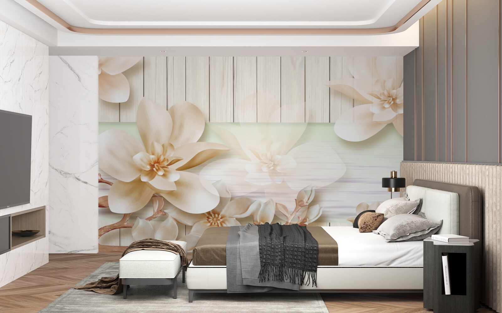 Фотошпалери яскраві персики-пончики на білосніжному танцполі