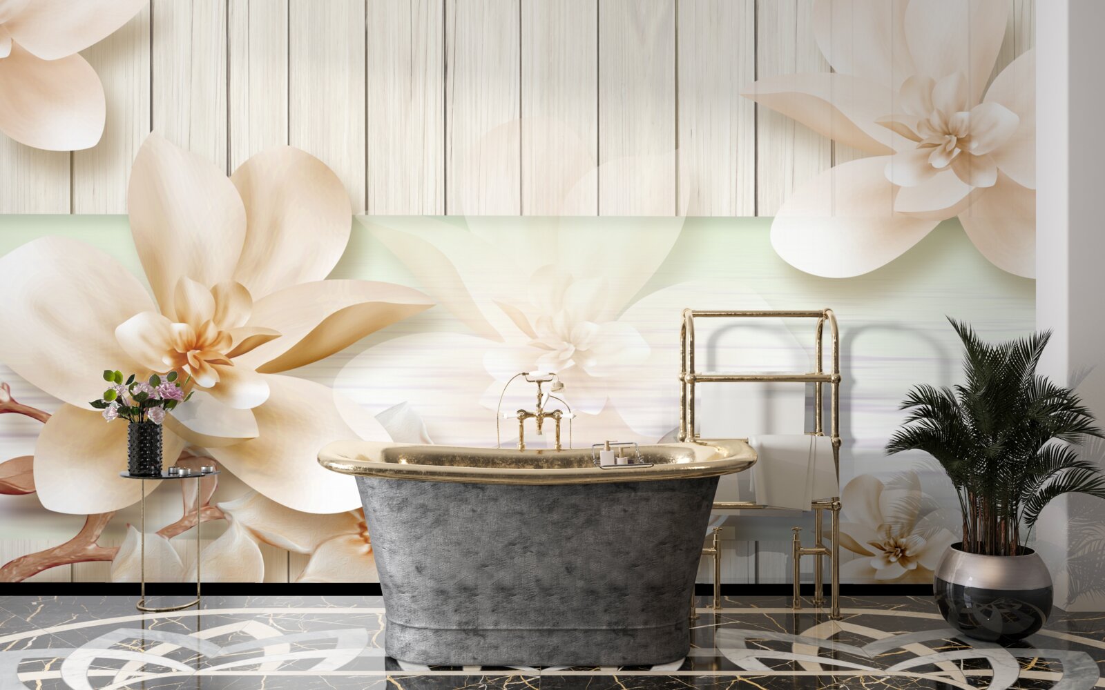 Фотошпалери яскраві персики-пончики на білосніжному танцполі