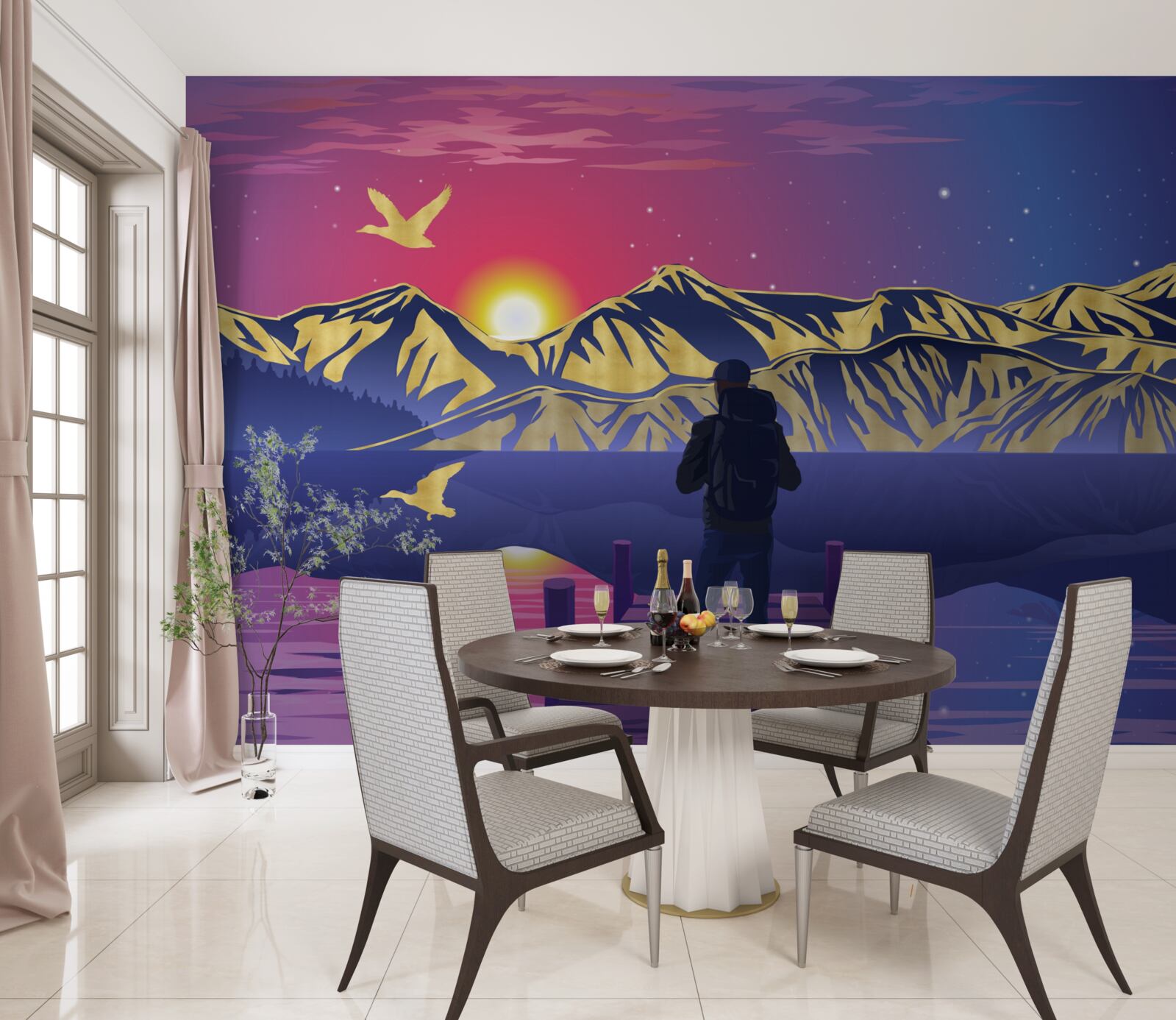 Фотошпалери на мосту турист зустрічає світанок