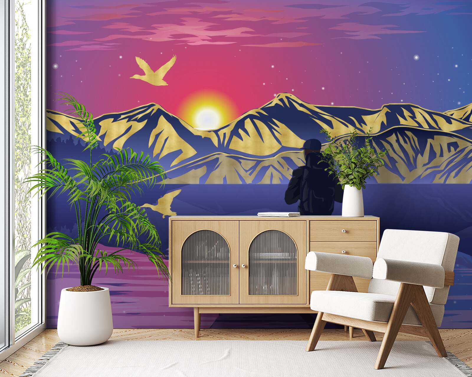 Фотошпалери на мосту турист зустрічає світанок