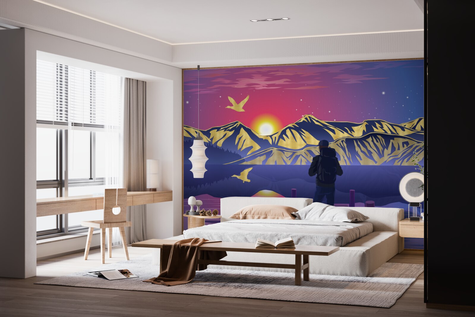 Фотошпалери на мосту турист зустрічає світанок