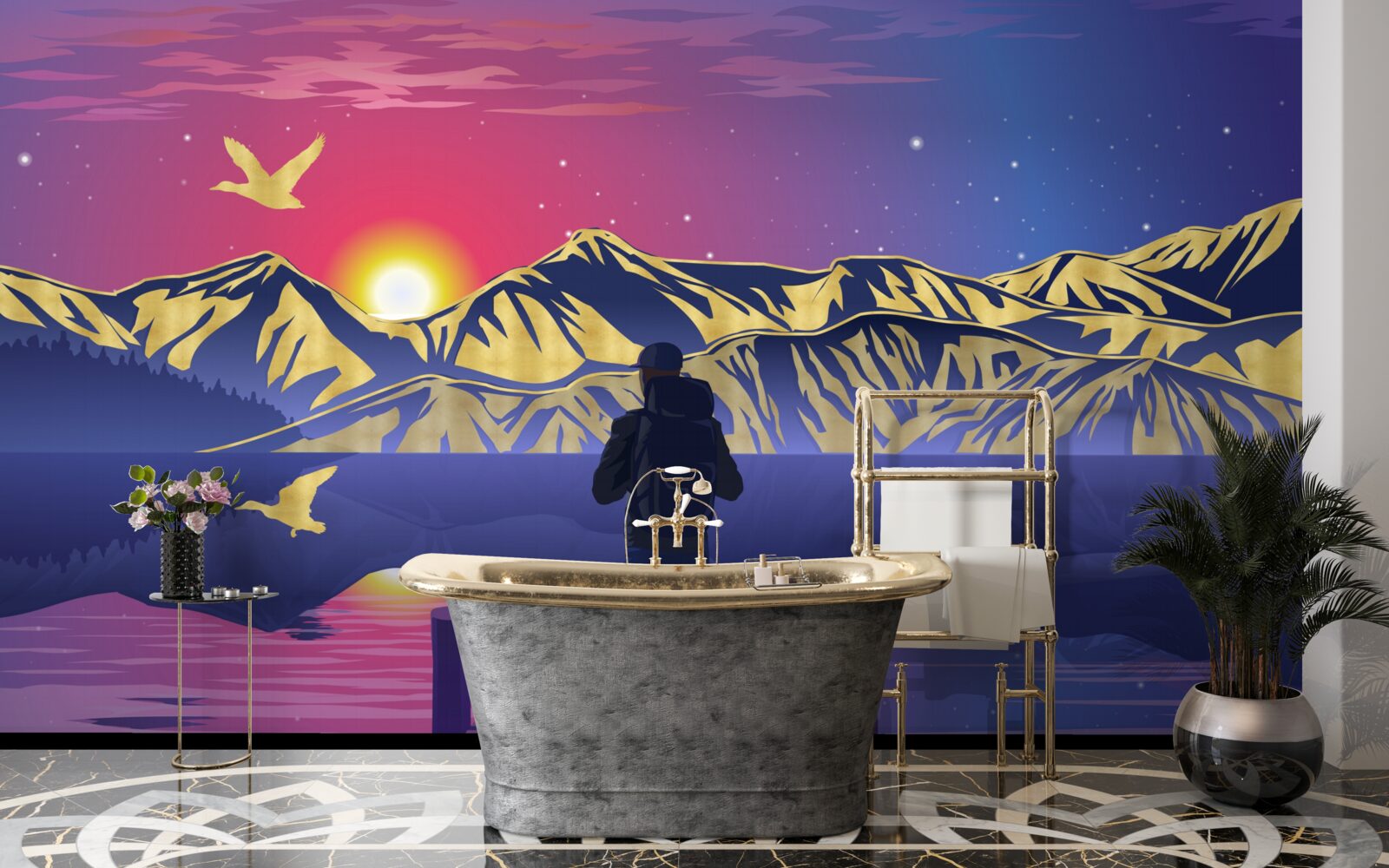 Фотошпалери на мосту турист зустрічає світанок