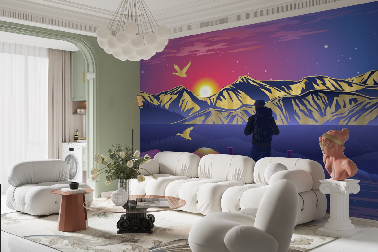 Фотошпалери на мосту турист зустрічає світанок